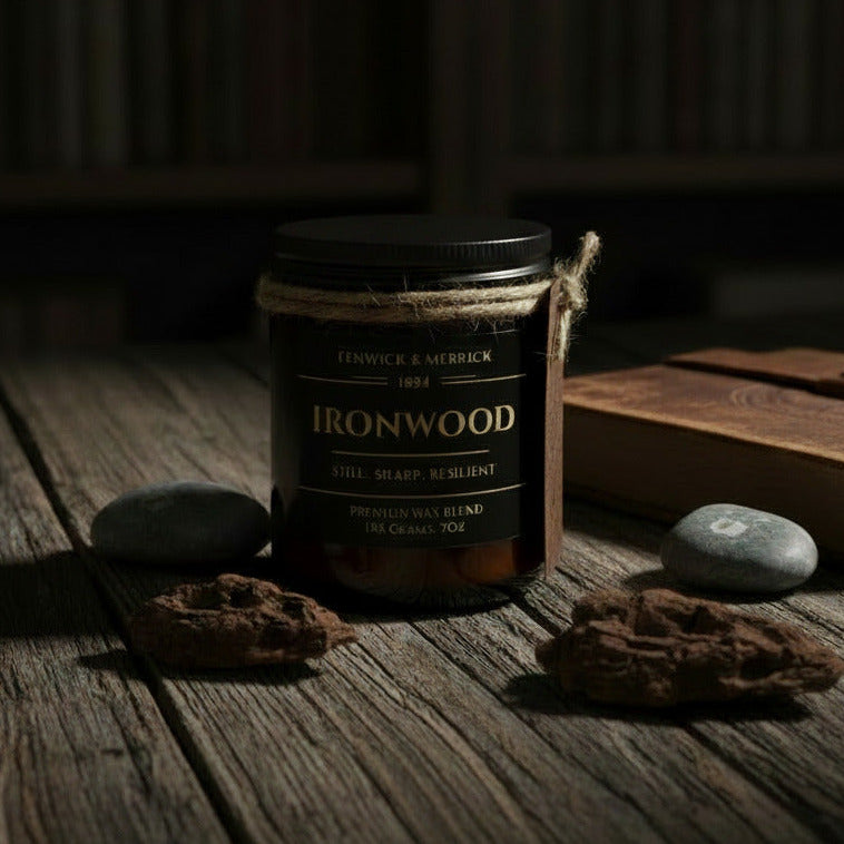 Candle with 'Ironwood' label and twine on a white surface