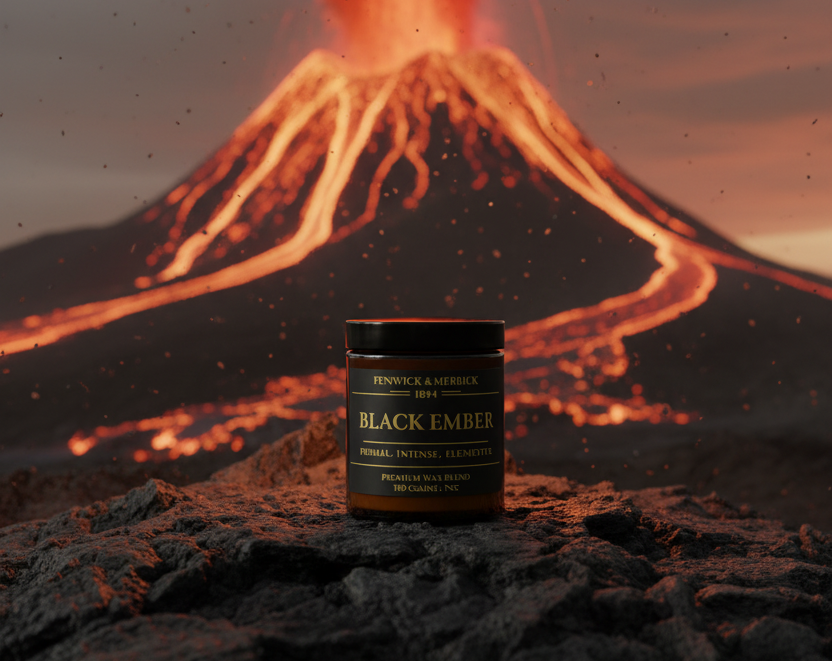 Fenwick & Merrick Black Ember wax blend container on a white background