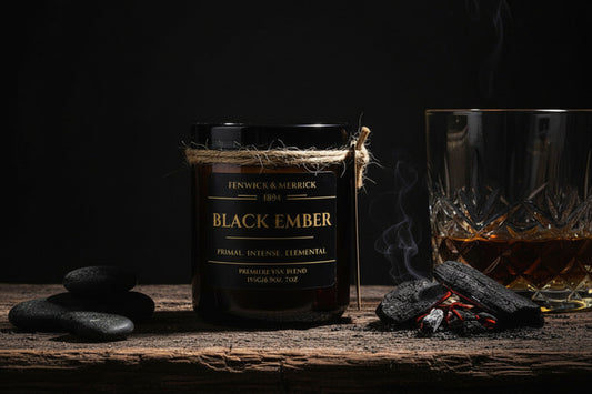 Fenwick & Merrick Black Ember candle on a textured black background