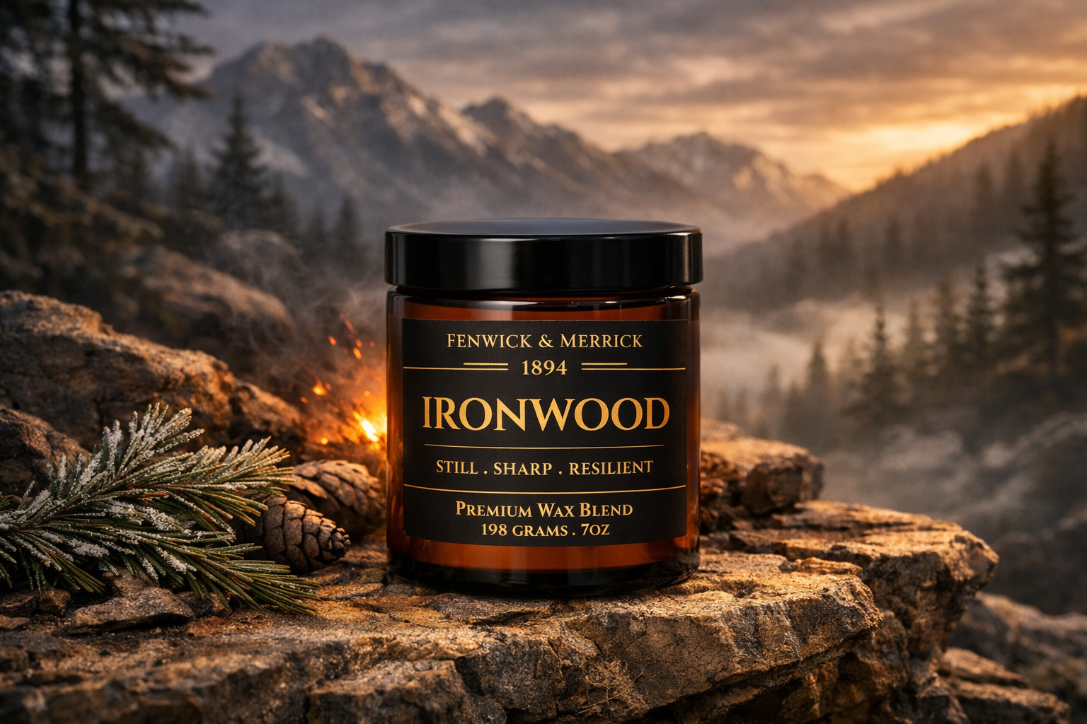 Jar of Fenwick & Merrick Ironwood wax blend on a rocky outcrop with a mountainous landscape in the background.