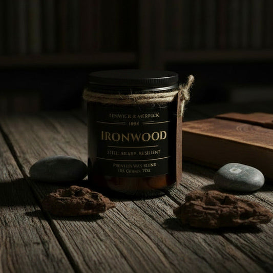 Candle with 'Ironwood' label and twine on a white surface