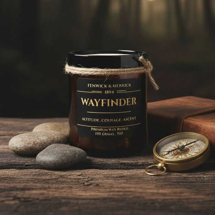 Black candle with 'Wayfinder' label on a forest background