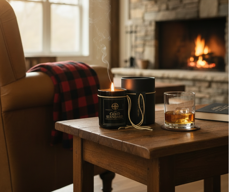 The Gold Standard candle and collectible tube on a walnut side table in a warm craftsman living room with leather jacket and whiskey