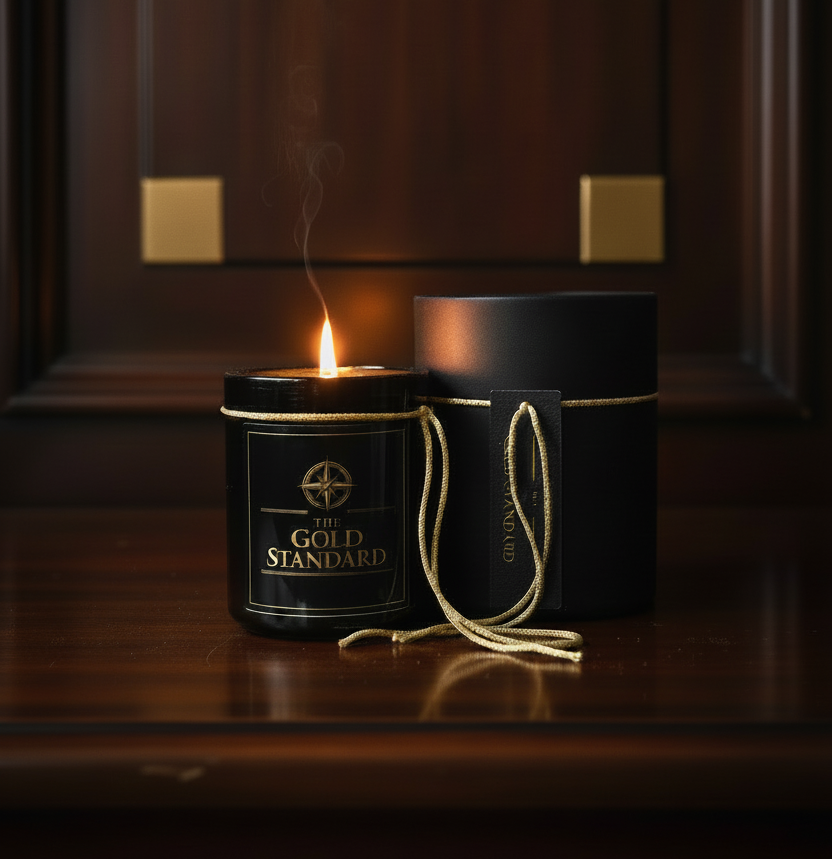 The Gold Standard candle with collectible tube on dark wood surface