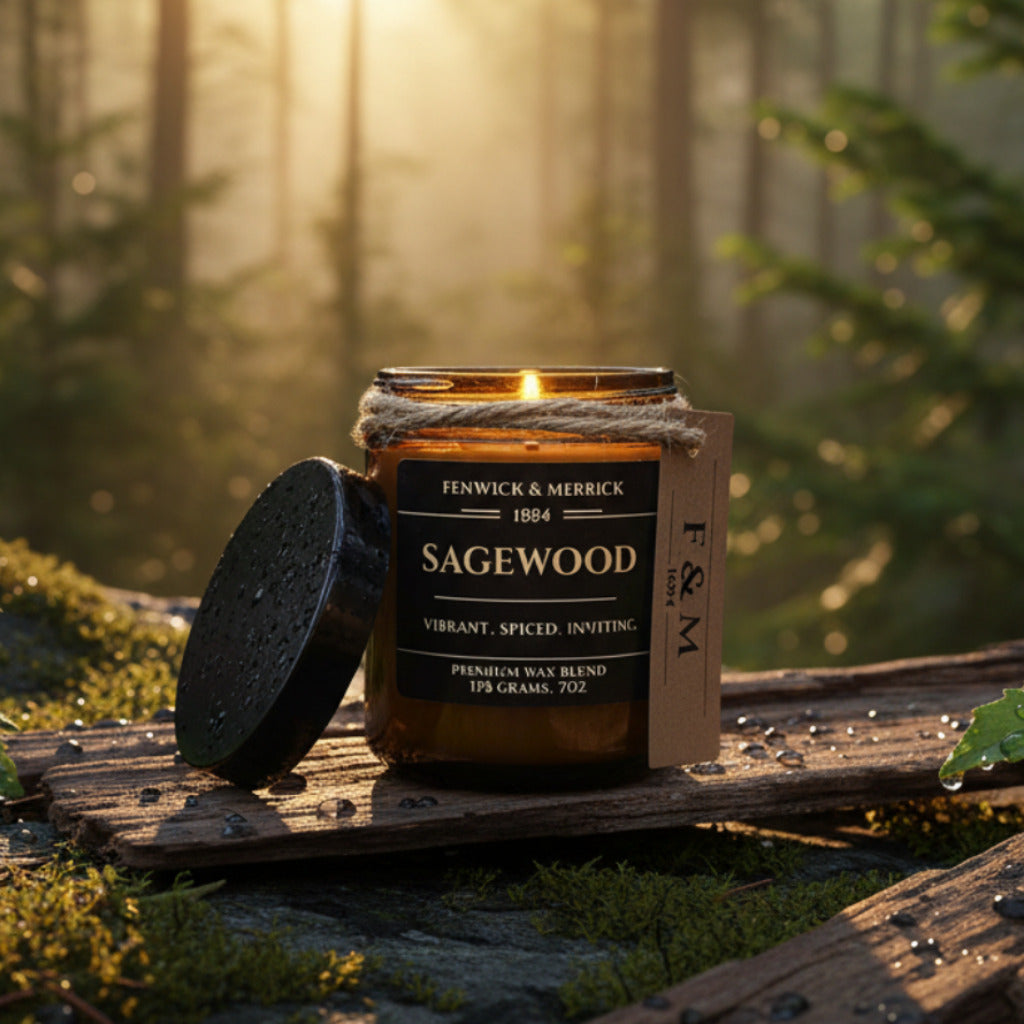 Sagewood candle in a cedar forest.