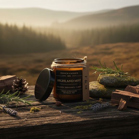 Candle jar labeled 'Highland Mist' in a hunting nature setting